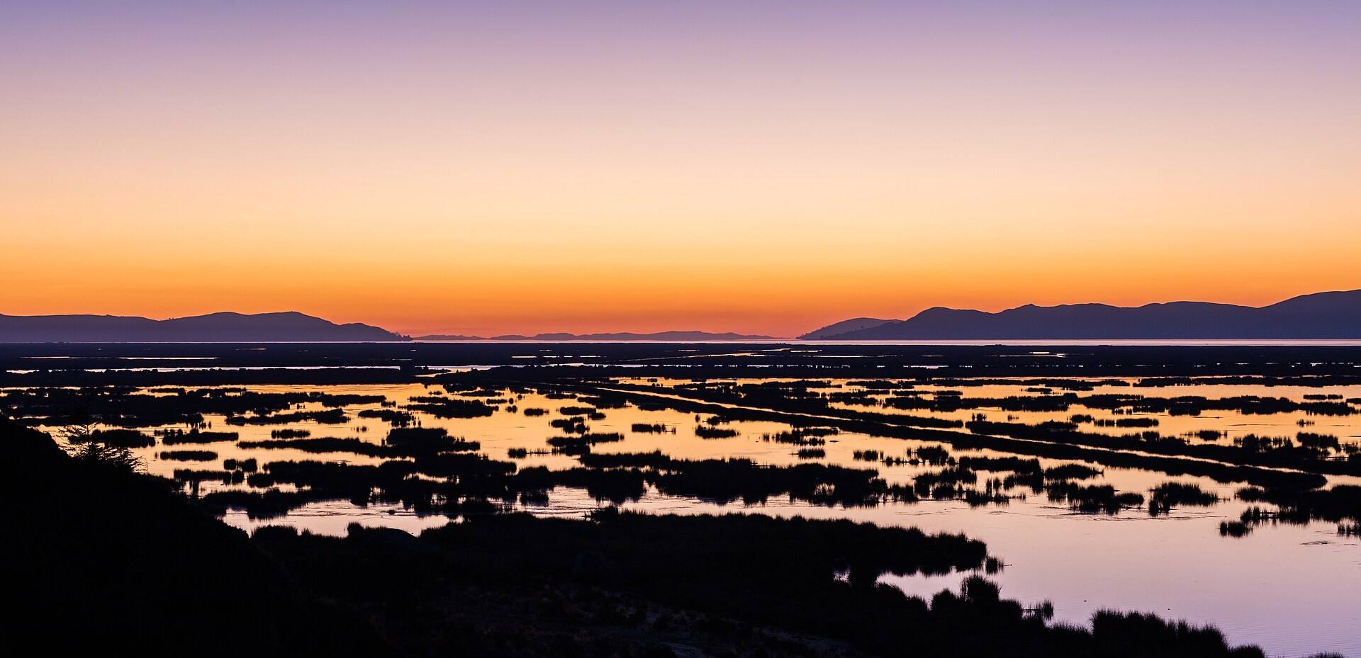 Sunrise over water and totora near Puno, Peru.